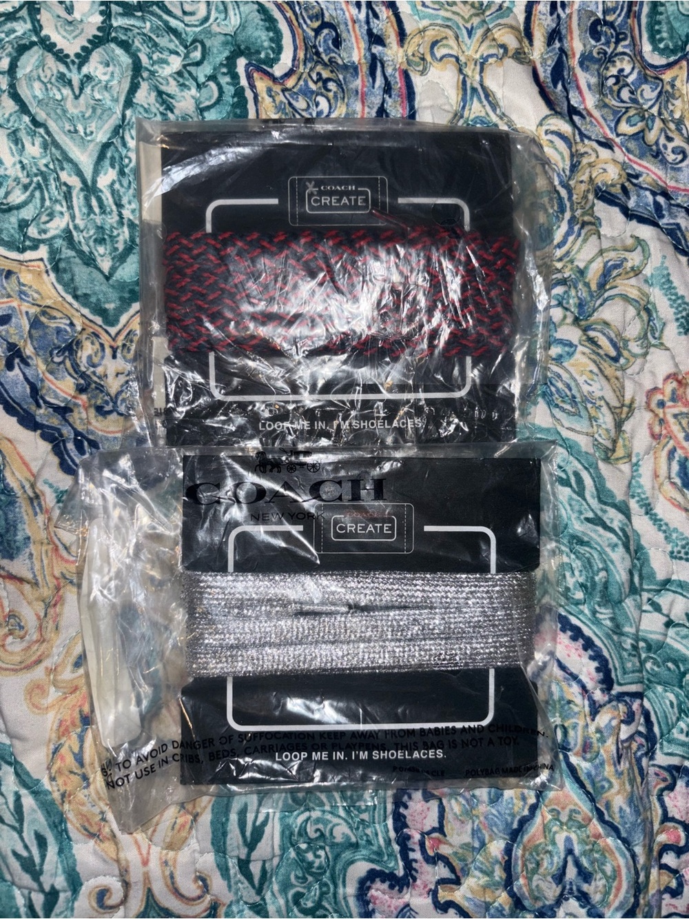 Coach CREATE Braided Red & Black and Metallic Silver Shoelaces